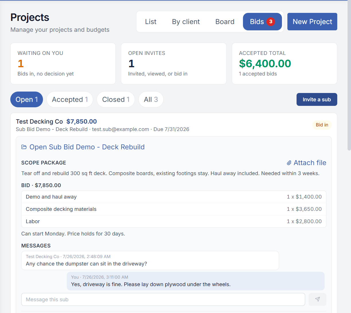 PocketBoss project bidding workflow showing a shared scope, itemized subcontractor bid, project messages, and bid decision controls